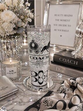 Coach Silver Glitter Tumbler with Black Logo Accents